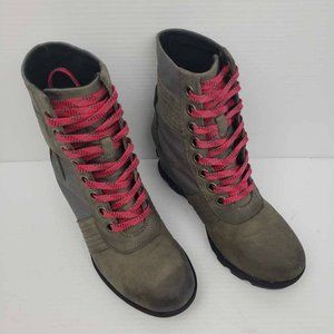 Sorel Womens Lexie Winter Boots Gray Pink Leather Lace Up Hidden Wedge Ankle 7